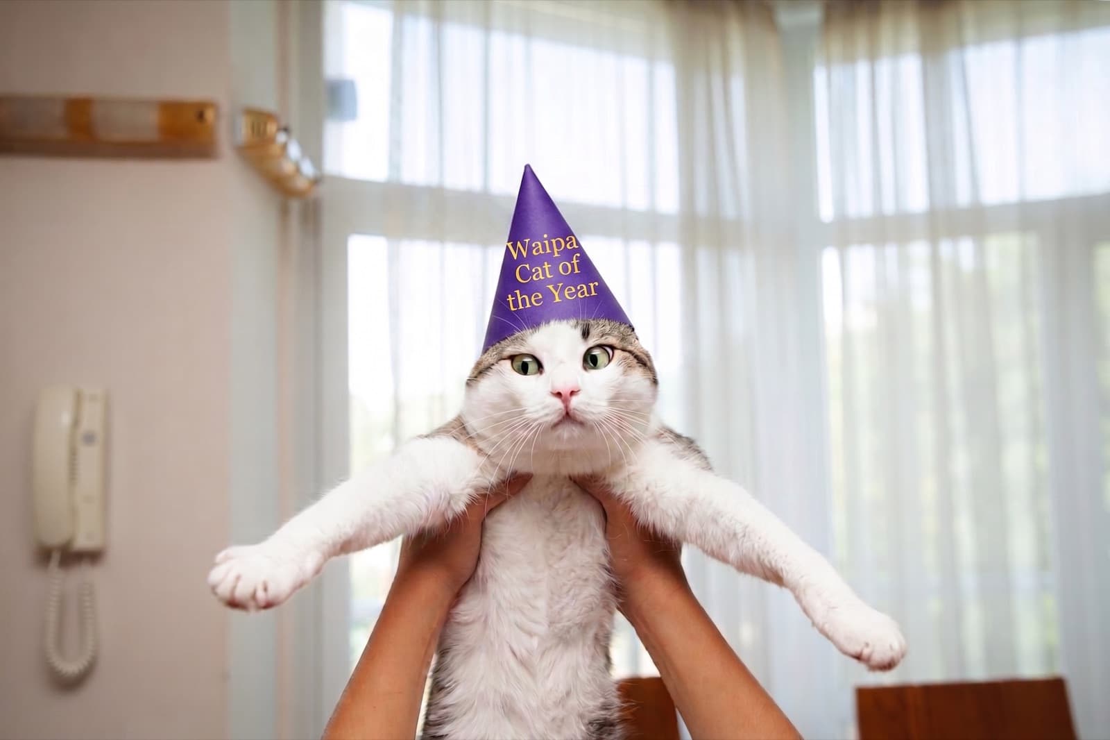 A cat wearing a Waipa Cat of the Year party hat, held up by its owner